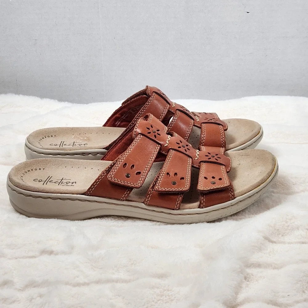 Clarks Collection Leisa Janna Tan Leather Slide Sandals Womens Sz 8 M Adjustable
